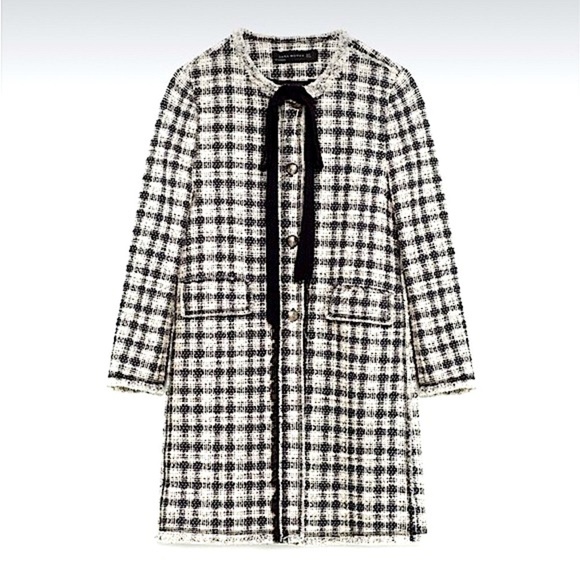 ZARA Check Tweed Frayed Coat With Bow Detail - Picture 1 of 6